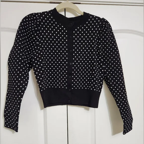 Zara Black Knit Cardigan with White Polka Dots. Size Medium - Picture 3 of 9